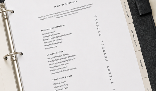 My Medical Folder health record organiser open to the contents page, with tabbed sections for medical history, treatment and care.