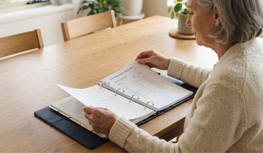Woman reviewing pathology reports in an open medical records folder at a wooden table.