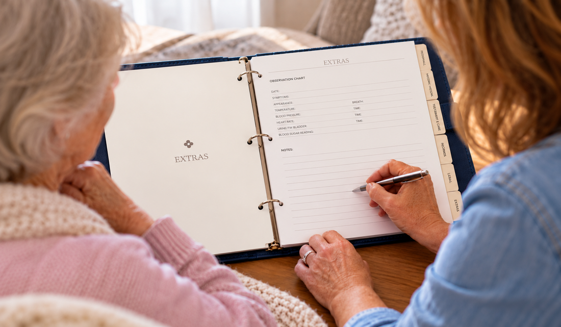 Carer completing a medical symptom diary using the My Medical Folder Observation Chart while sitting beside an older woman at home.