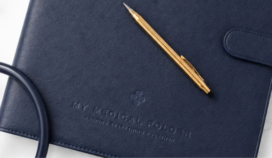 Navy My Medical Folder with a gold pen, designed to organise medical records, healthcare documents and important health information.