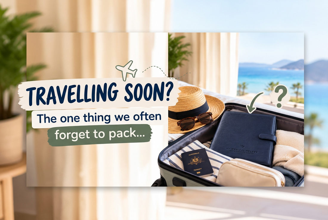 Navy My Medical Folder packed in a suitcase beside an Australian passport. Text reads: “Travelling soon? The one thing we often forget to pack