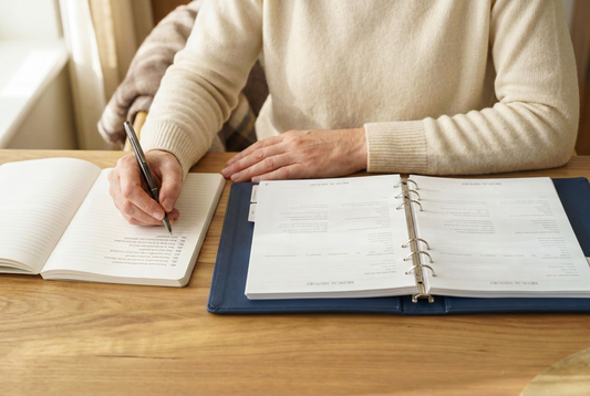 Person preparing for a doctor’s appointment, writing notes beside an open navy medical records folder.