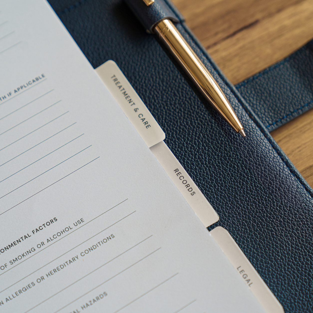 Close-up of the My Medical Folder showing labelled Treatment & Care, Records and Legal sections with a gold pen on the folder.