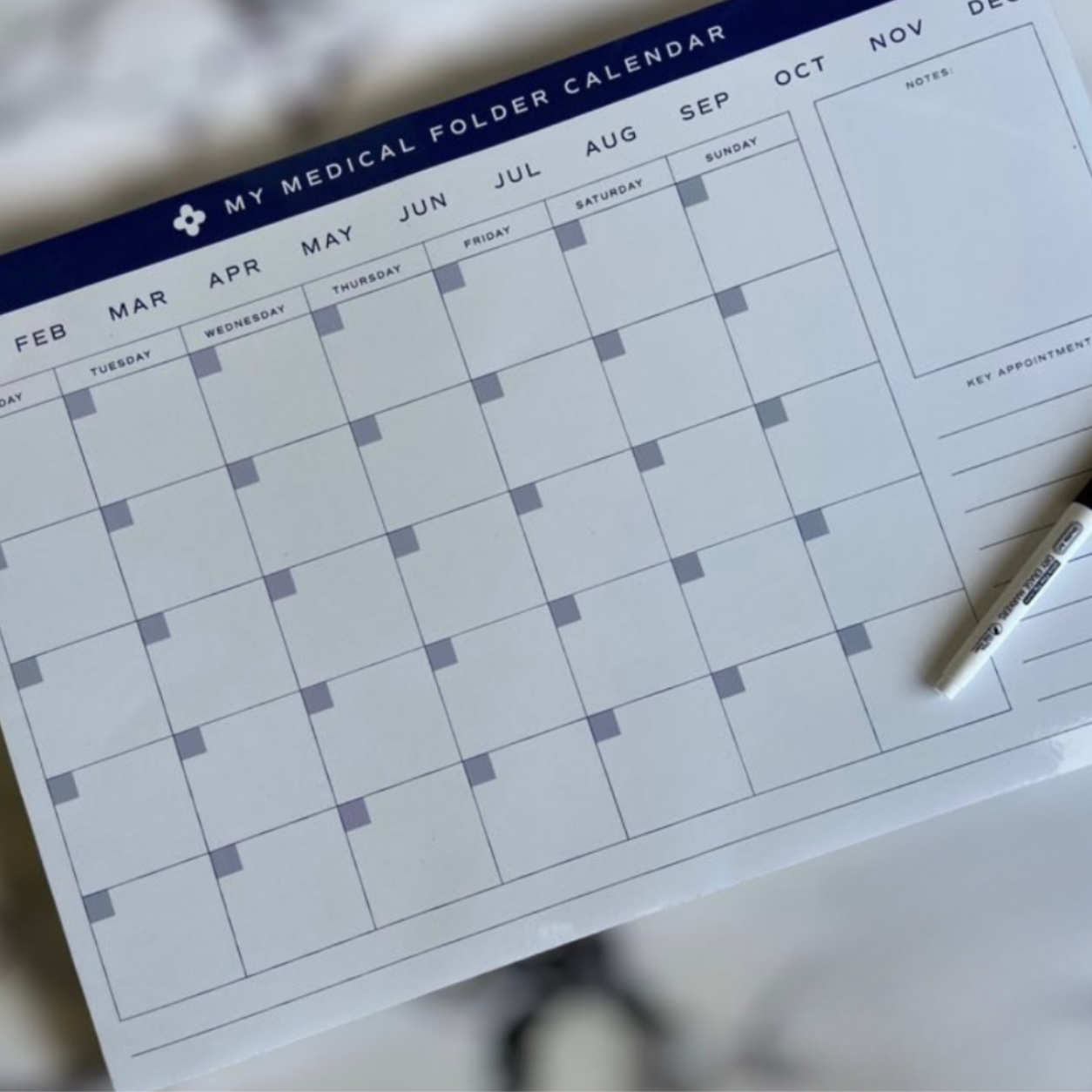 Magnetic monthly medical calendar planner for organising medical appointments, specialist visits, medications and important family health schedules