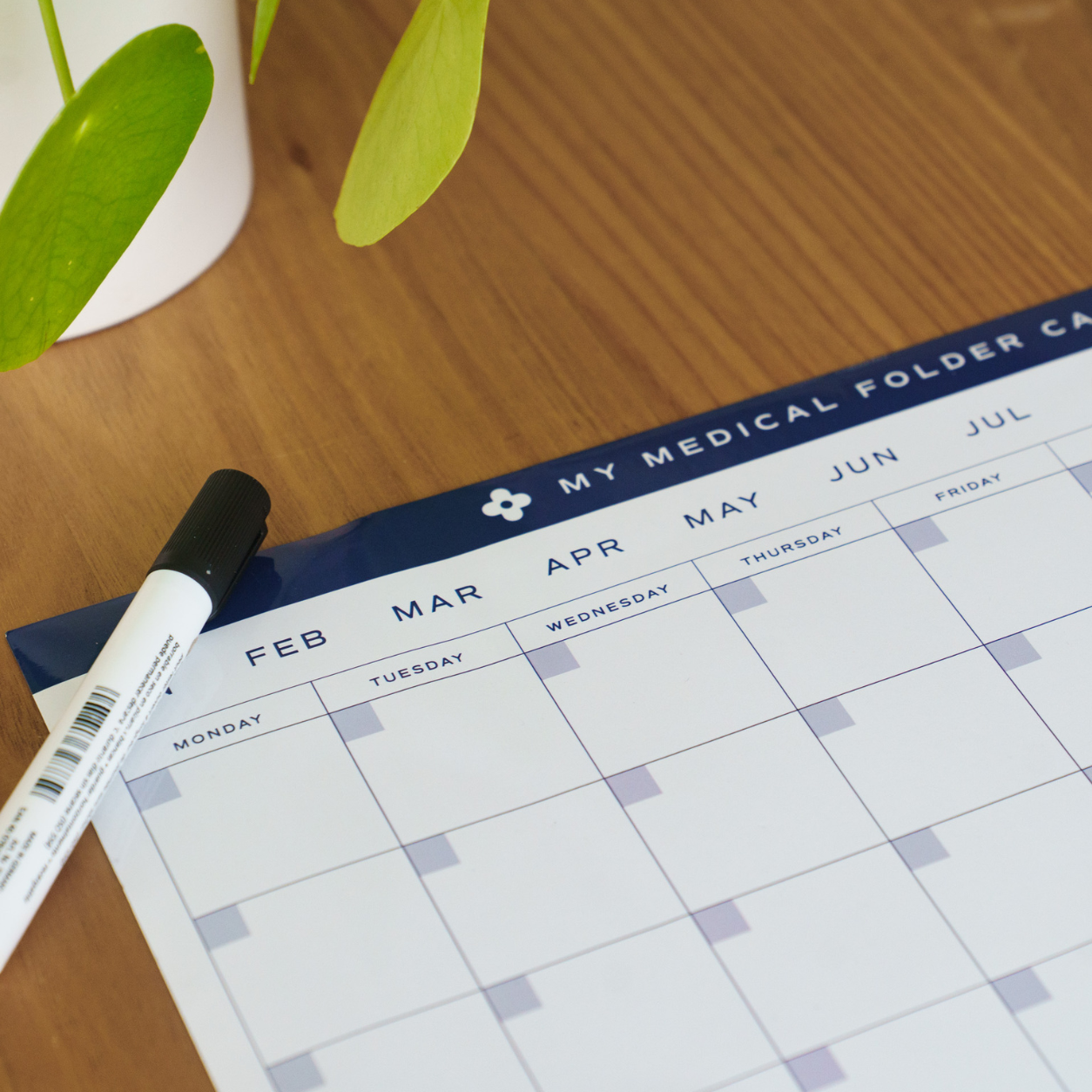 My Medical Folder included medical calendar planner with dry erase marker displayed on a wooden desk.