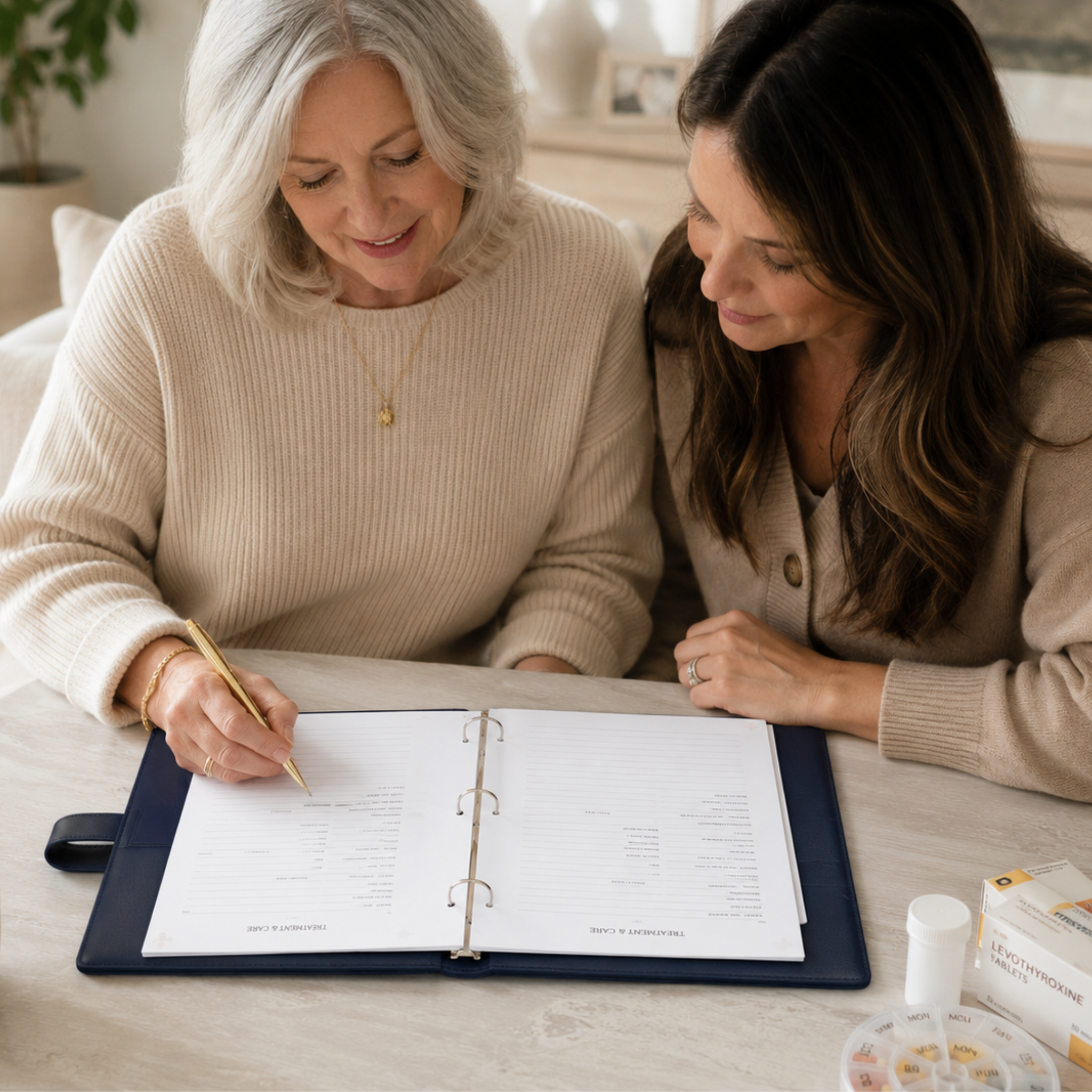 Mother and adult daughter using My Medical Folder to organise medical records, medications and important healthcare documents together at home.