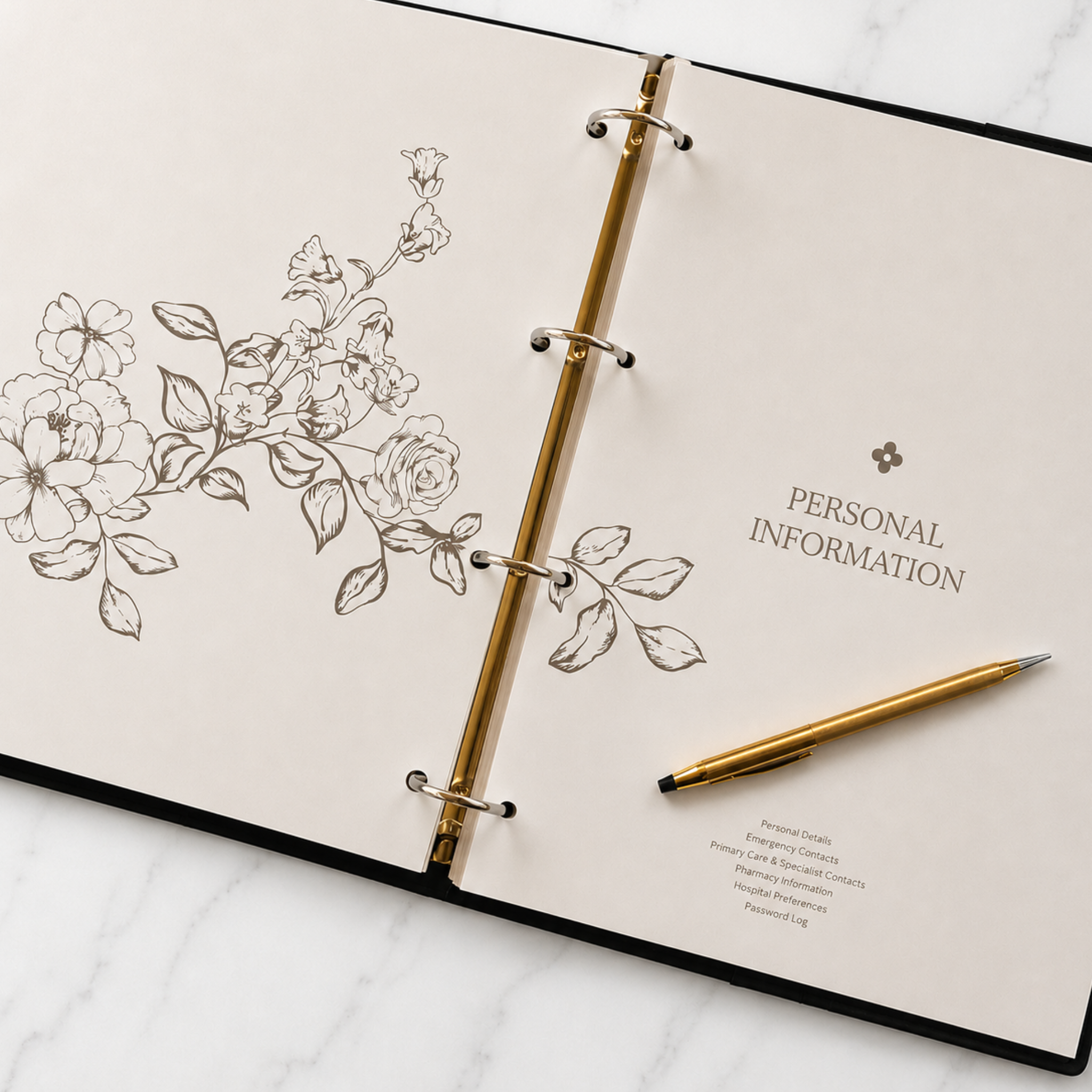 My Medical Folder personal information section open to the personal details page with floral design, gold ring binder and pen, helping organise important medical records and emergency information in Australia.